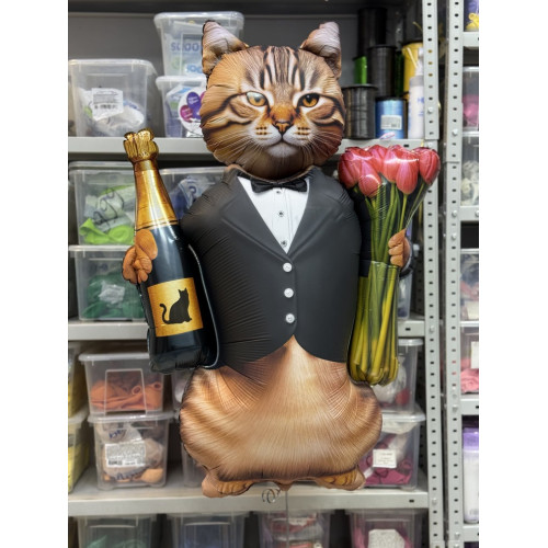 Воздушные шар кот с тюльпанами и шампанским-2