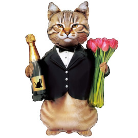 Воздушные шар кот с тюльпанами и шампанским