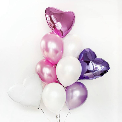 Букет воздушных шаров сиреневый/розовый/белый с сердцами-1
