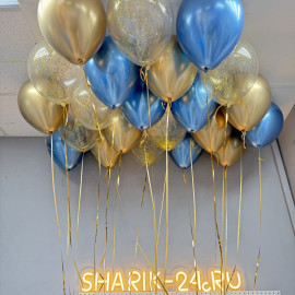Шары с гелием под потолок хром золото, синие и шары с конфетти золото