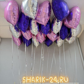 Шарики фольгированные сердечки серебро, фиолетовые и розовые