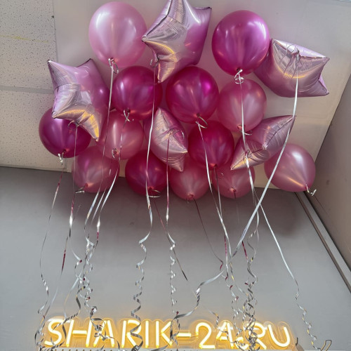 Набор из 15 шаров под потолок - металлик розовые, малиновые и звезды розовые сатин-1