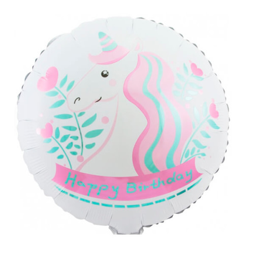 Фольгированный шар круг единорог с днем рождения белый