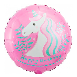 Фольгированный шар круг единорог с днем рождения розовый