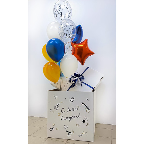 Букет шаров в белой коробке космос-1
