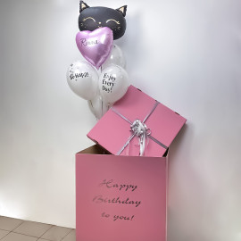 Букет шаров с кошечкой в розовой коробке